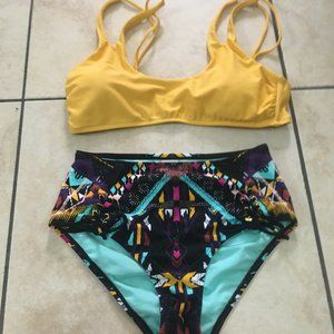 Yellow and Black Scoop-neck, High Waisted Bikini